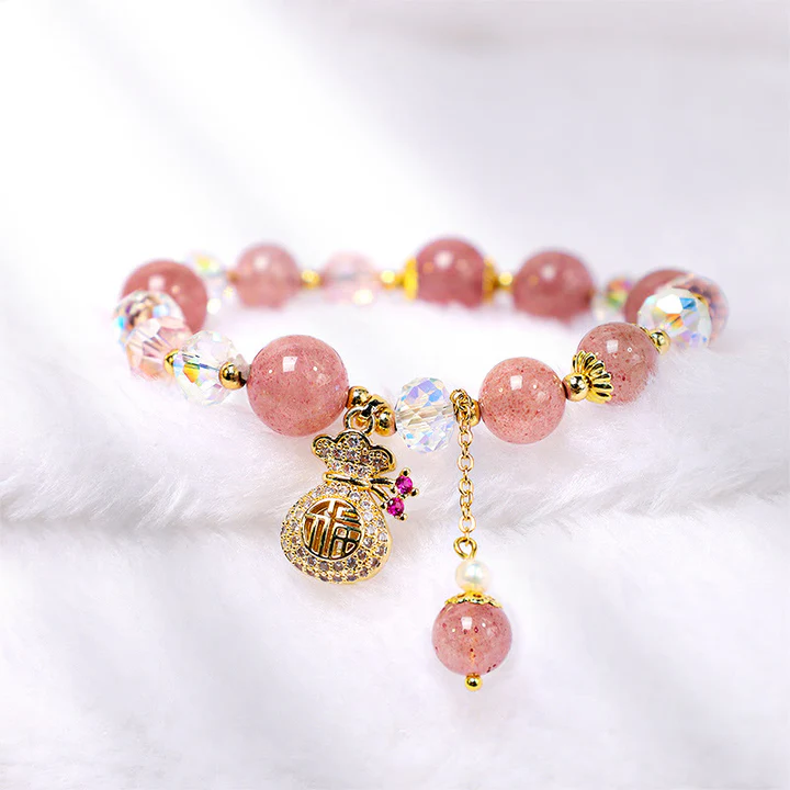 Buddha Stones Natural Strawberry Quartz Crystal Money Bag Charm Positive Bracelet