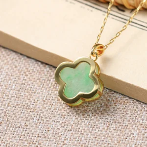 Buddha Stones Four Leaf Clover Jade Pattern Luck Necklace Pendant