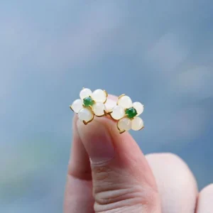 Buddha Stones White Jade Flower Luck Blessing Stud Earrings