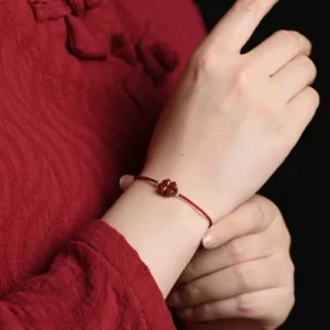 Buddha Stones Natural Cinnabar Four Leaf Clover Blessing Red String Bracelet Anklet