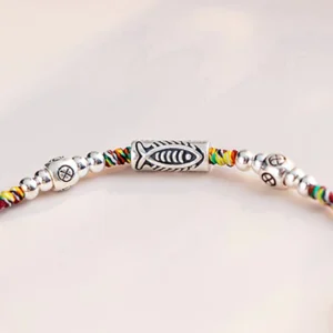 Buddha Stones 925 Sterling Silver Luck Koi Fish Braided Colorful String Bracelet Anklet