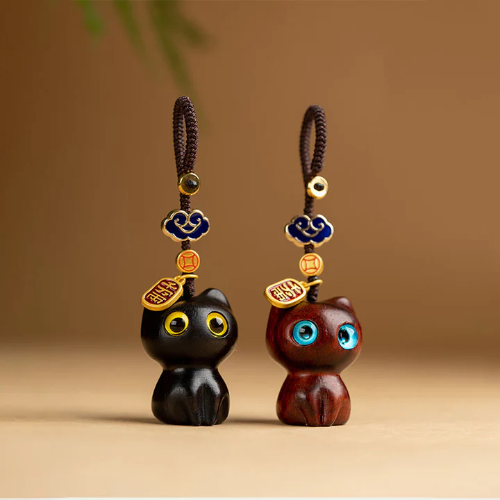 Buddha Stones Small Leaf Red Sandalwood Ebony Wood Lucky Cat Protection Key Chain Phone Hanging Decoration