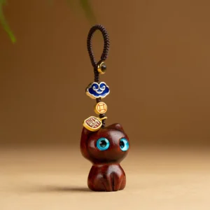 Buddha Stones Small Leaf Red Sandalwood Ebony Wood Lucky Cat Protection Key Chain Phone Hanging Decoration