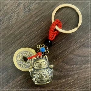 Buddha Stones Feng Shui Five Emperor Coins Lucky Cat Money Wealth Keychain