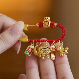 Buddha Stones Year Of The Horse Charm Fu Character Attract Fortune Ruyi Handle Brass Luck Brooch