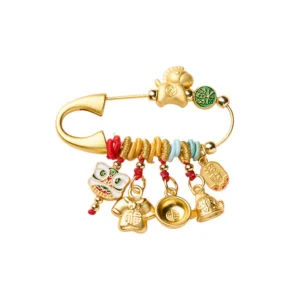 Buddha Stones Year Of The Horse Charm Fu Character Attract Fortune Ruyi Handle Brass Luck Brooch