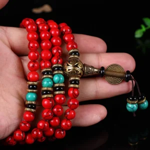 Buddha Stones Tibetan Mala Red Turquoise Lucky Necklace Bracelet