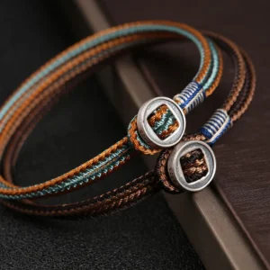 Buddha Stones 925 Sterling Silver Handmade Button Protection Weave String Bracelet